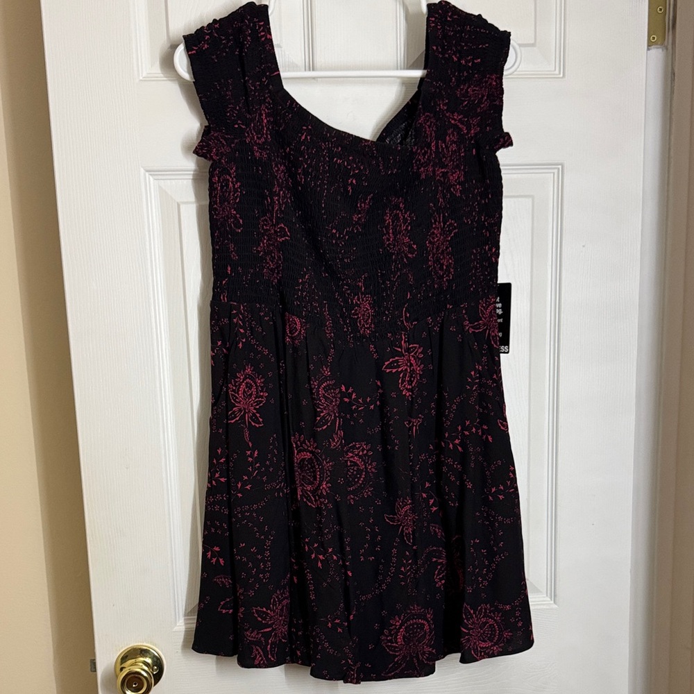 Express Black and Pink Smocked off the shoulder dress